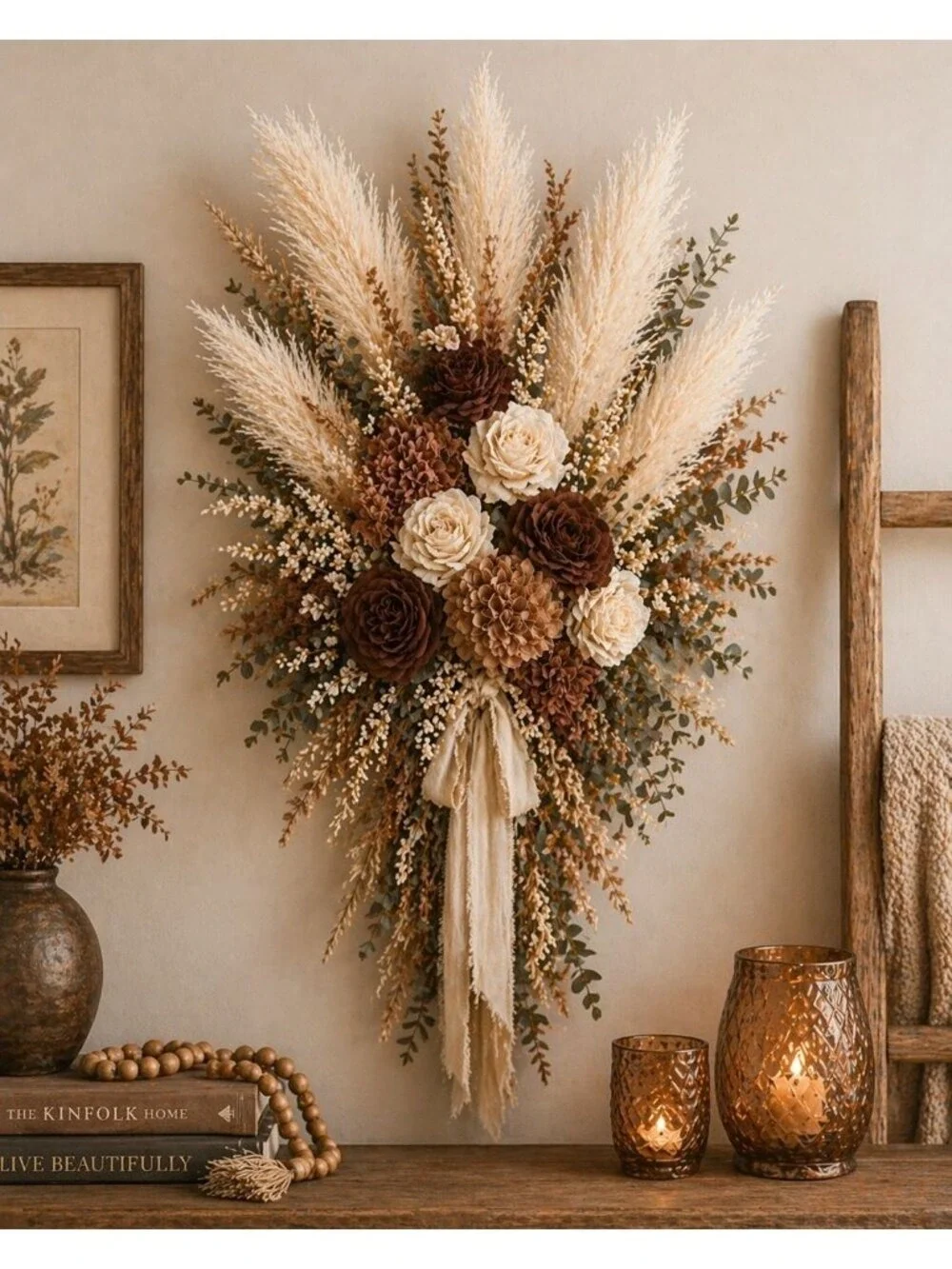 Cream Pampas Grass 3 Stem Faux Pampas Beige Neutral Vase Filler Farmhouse